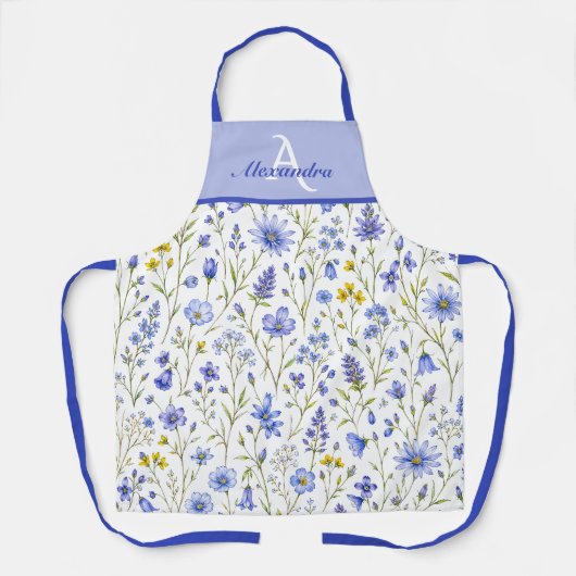 Blauw Aquarel Wilde Bloem Patroon Aangepaste Naam Schort (Voorkant)