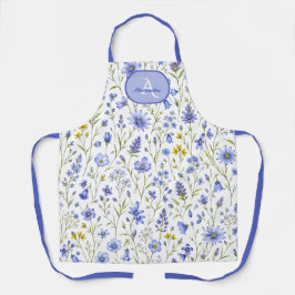 Blauw Aquarel Wilde Bloem Patroon Aangepaste Naam Schort