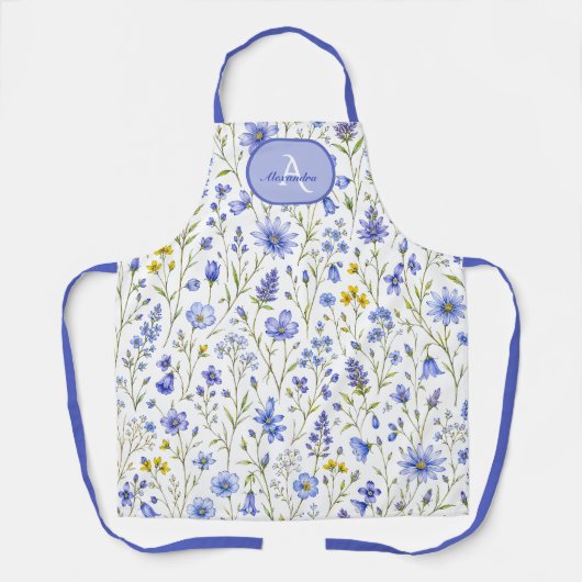 Blauw Aquarel Wilde Bloem Patroon Aangepaste Naam Schort (Voorkant)
