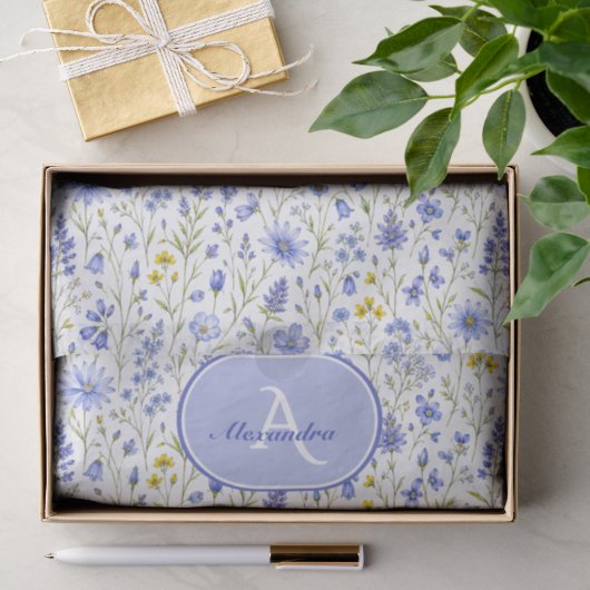 Blauw Aquarel Wilde Bloem Patroon Aangepaste Naam Tissuepapier (Geschenk)