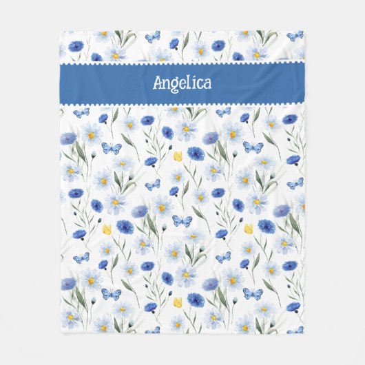 Blauw Aquarel Wilde Bloemenwei Naam Fleece Deken (Voorkant)