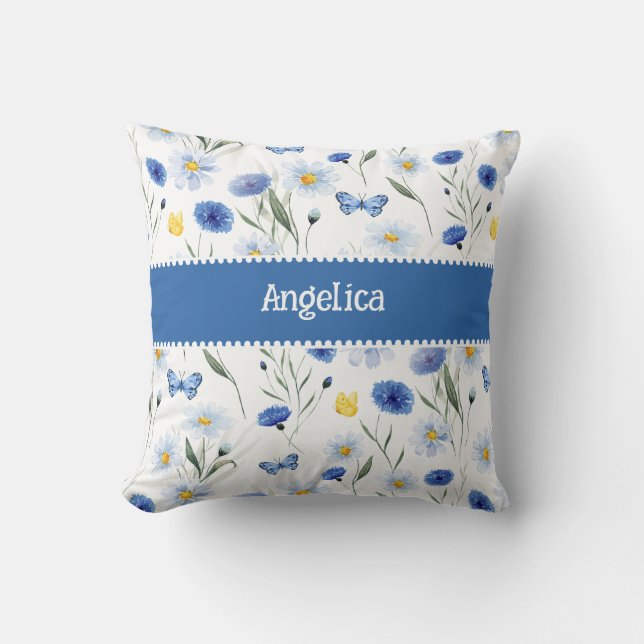 Blauw Aquarel Wilde Bloemenwei Naam Kussen (Voorkant)
