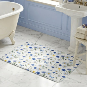Blauw Aquarel Wilde Bloemenweide Patroon Badmat