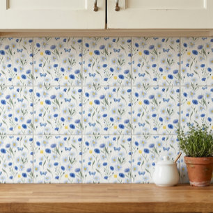 Blauw Aquarel Wilde Bloemenweide Patroon Tegeltje