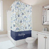 Blauw Aquarel Wildflower Monogram Naam Douchegordijn (In situ)