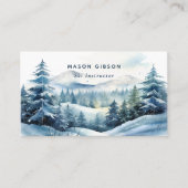 Blauw Aquarel Winter Bergbos Ski Qr Code Visitekaartje (Voorkant)