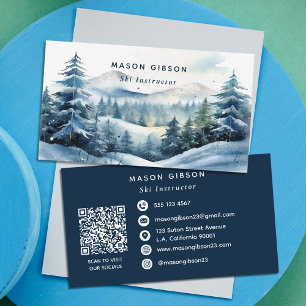 Blauw Aquarel Winter Bergbos Ski Qr Code Visitekaartje