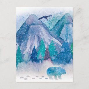 Blauw Aquarel Winter Berglandschap Kunst Briefkaart