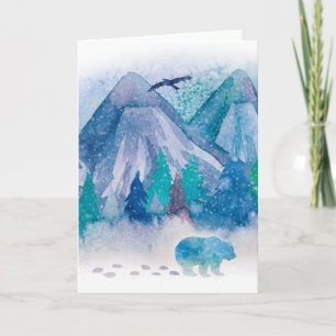 Blauw Aquarel Winter Berglandschap Kunst Kaart