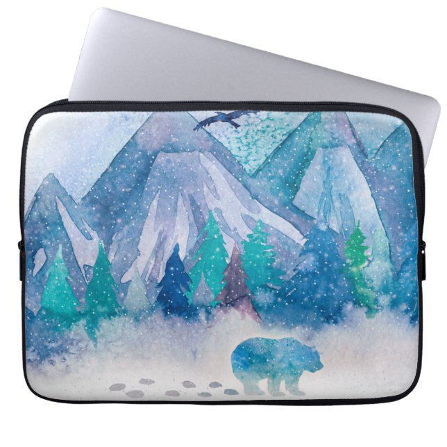Blauw Aquarel Winter Berglandschap Kunst Laptop Sleeve (Voorkant)