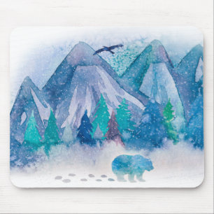 Blauw Aquarel Winter Berglandschap Kunst Muismat