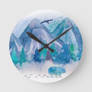 Blauw Aquarel Winter Berglandschap Kunst Ronde Klok