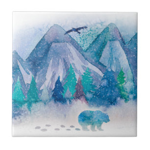 Blauw Aquarel Winter Berglandschap Kunst Tegeltje