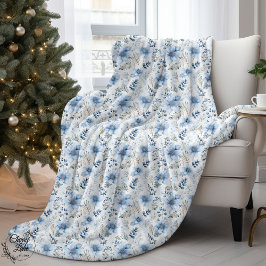 Blauw Aquarel Winter Bloemen Sherpa Deken