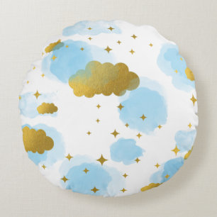 Blauw Aquarel Wolken Gouden Sterren Lucht Rond Kussen