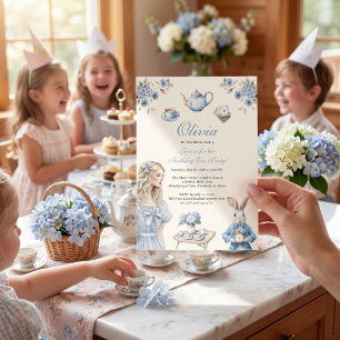 Blauw Aquarel Wonderland Theepartij Kaart