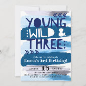 Blauw Aquarel Young Wild & 3e Verjaardag Kaart (Voorkant)