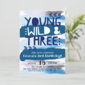 Blauw Aquarel Young Wild & 3e Verjaardag Kaart (Staand voorkant)