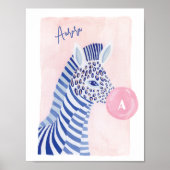 Blauw Aquarel Zebra Dier Blaast Kauwgom Bel Poster (Voorkant)