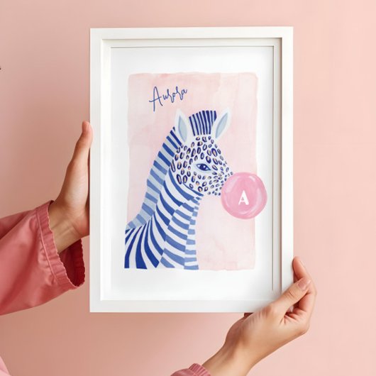 Blauw Aquarel Zebra Dier Blaast Kauwgom Bel Poster