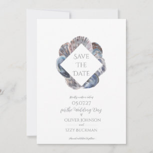 Blauw Aquarel Zee Schelp Save the Date Plat Kaartj Kaart