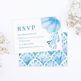 Blauw Aquarel Zeeschelp en Koraal RSVP Kaartje