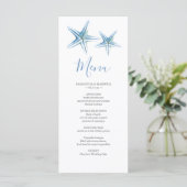 Blauw Aquarel Zeester Strand Bruiloft Menu Kaart (Staand voorkant)