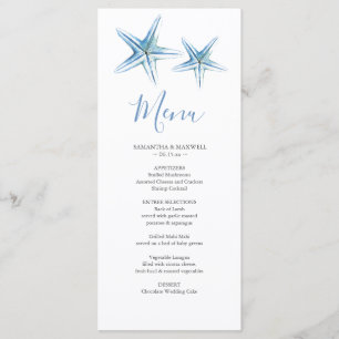 Blauw Aquarel Zeester Strand Bruiloft Menu Kaart
