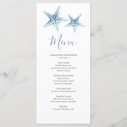 Blauw Aquarel Zeester Strand Bruiloft Menu Kaart (Voorkant)