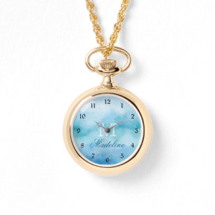 Blauw aquarelwas met kleine gouden sterren, gepers horloge