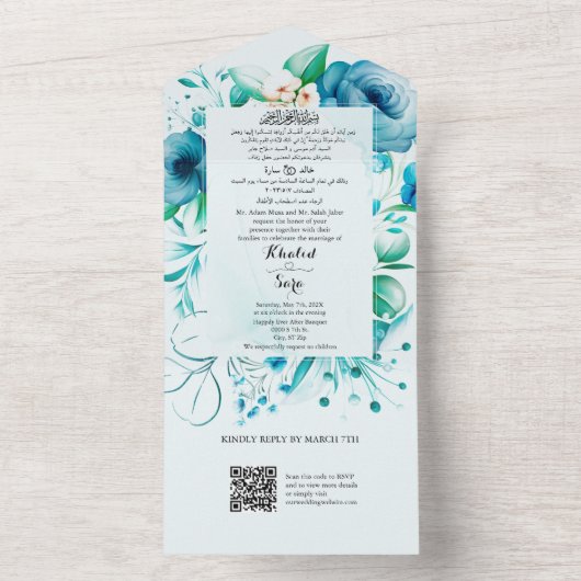 Blauw Arabisch & Engels Alles in één bruiloft uitn All In One Uitnodiging (Binnen)