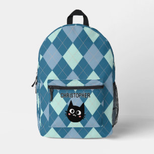 Blauw Argyle, Gepersonaliseerde Zwarte Kat Bedrukte Rugzak