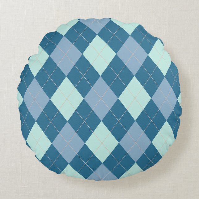 Blauw Argyle Vintage Patroon Rond Kussen (Voorkant)