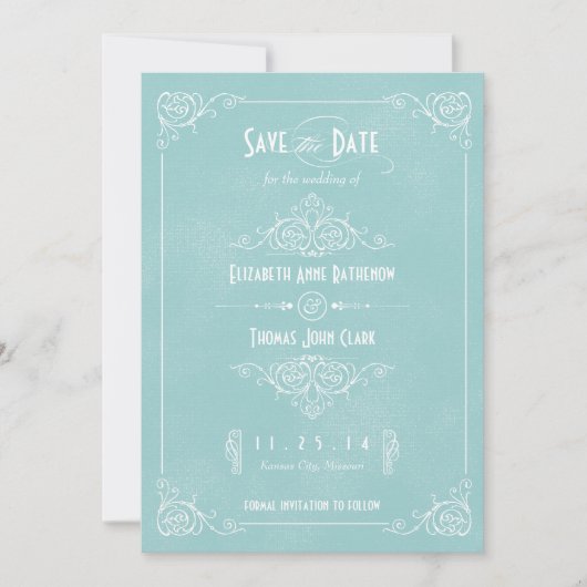 blauw art Deco sparen de Datum Save The Date (Voorkant)