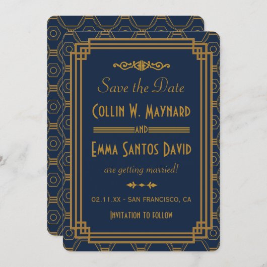 Blauw Art Deco Trouwen Bewaar De Datum Save The Date (Voorkant / Achterkant)