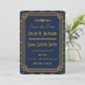 Blauw Art Deco Trouwen Bewaar De Datum Save The Date (Staand voorkant)