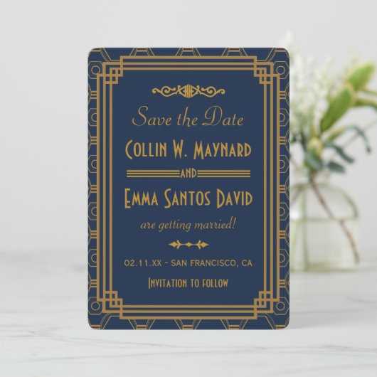 Blauw Art Deco Trouwen Bewaar De Datum Save The Date (Staand voorkant)