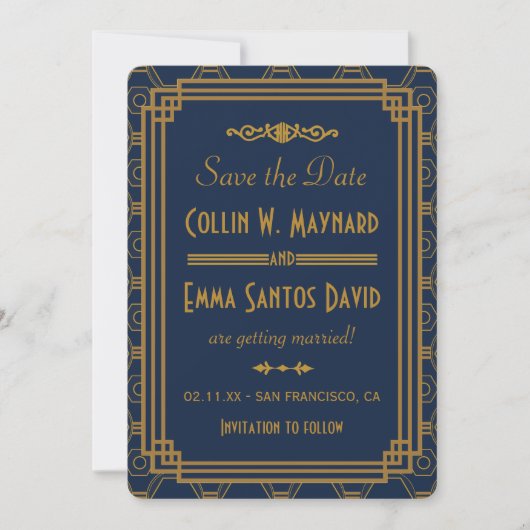 Blauw Art Deco Trouwen Save The Date (Voorkant)