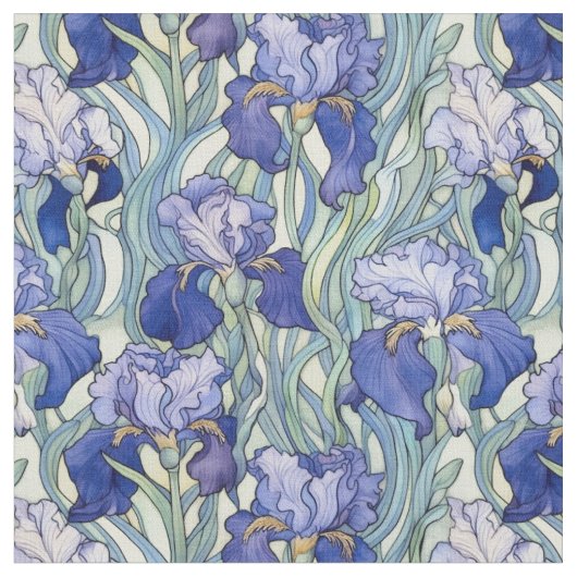 blauw art nouveau iris stof (Close Up)