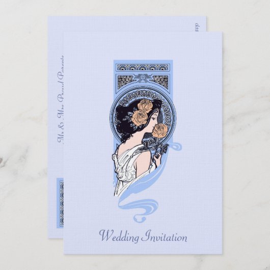 blauw art nouveau schoonheidsbruiloft uitnodiging (Voorkant / Achterkant)