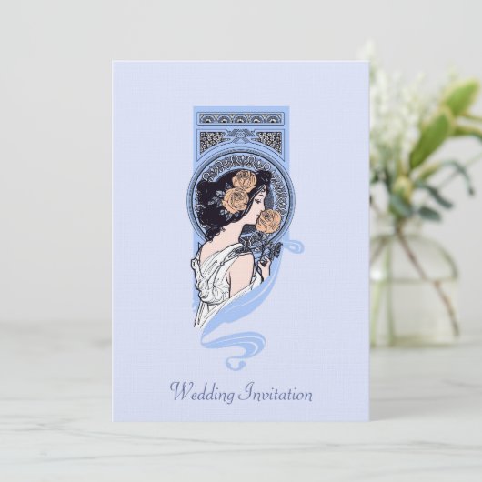  blauw art nouveau schoonheidsbruiloft uitnodiging (Staand voorkant)