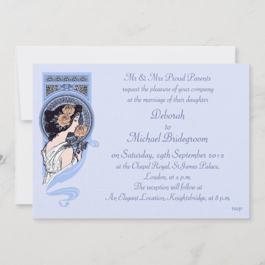  blauw art nouveau schoonheidsbruiloft uitnodiging (Achterkant)