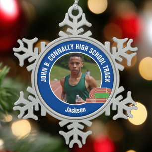 Blauw Atletiek Foto Middelbare scholier atleet Tin Sneeuwvlok Ornament