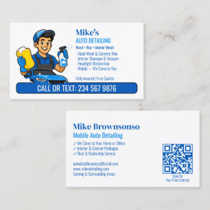 Blauw Autowas Schwam Cartoon Man QR Auto Detailing Visitekaartje