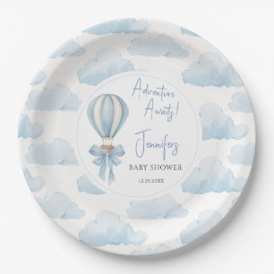Blauw avontuur wacht luchtballon baby jongensfeest papieren bordje
