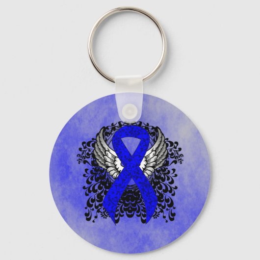 Blauw Awareness Ribbon met Wings Sleutelhanger (Voorkant)