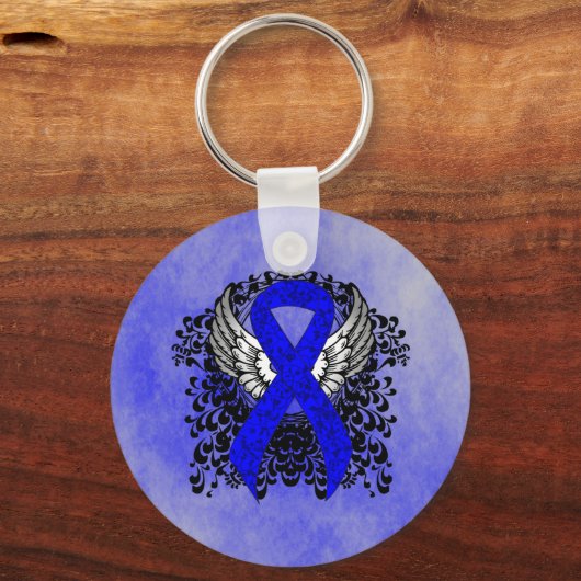 Blauw Awareness Ribbon met Wings Sleutelhanger (Voorkant)