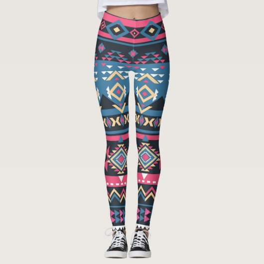 Blauw Aztec Patroon Vrouwen Leggings (Voorkant)