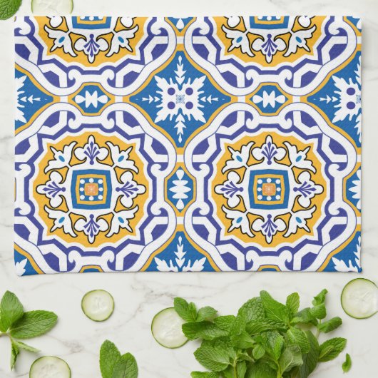 💙 Blauw Azulejos IV Kleine tegel Theedoek (Gevouwen)