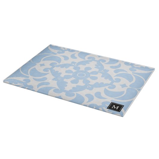 Blauw Azulejos Portugees Mediterraan Monogram Snijplank (Hoek)